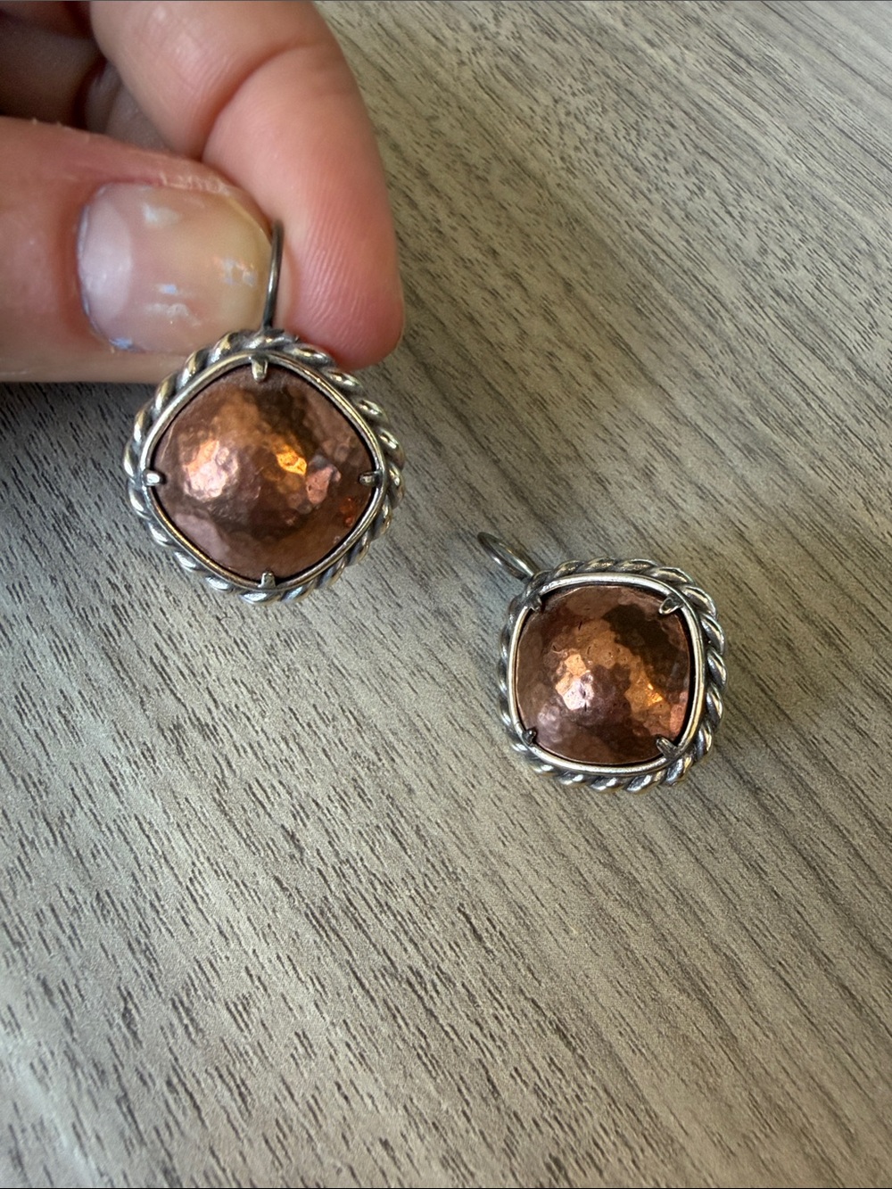 Brighton Copper-Tone Hammered Drop Earrings with Silver Twist Frame